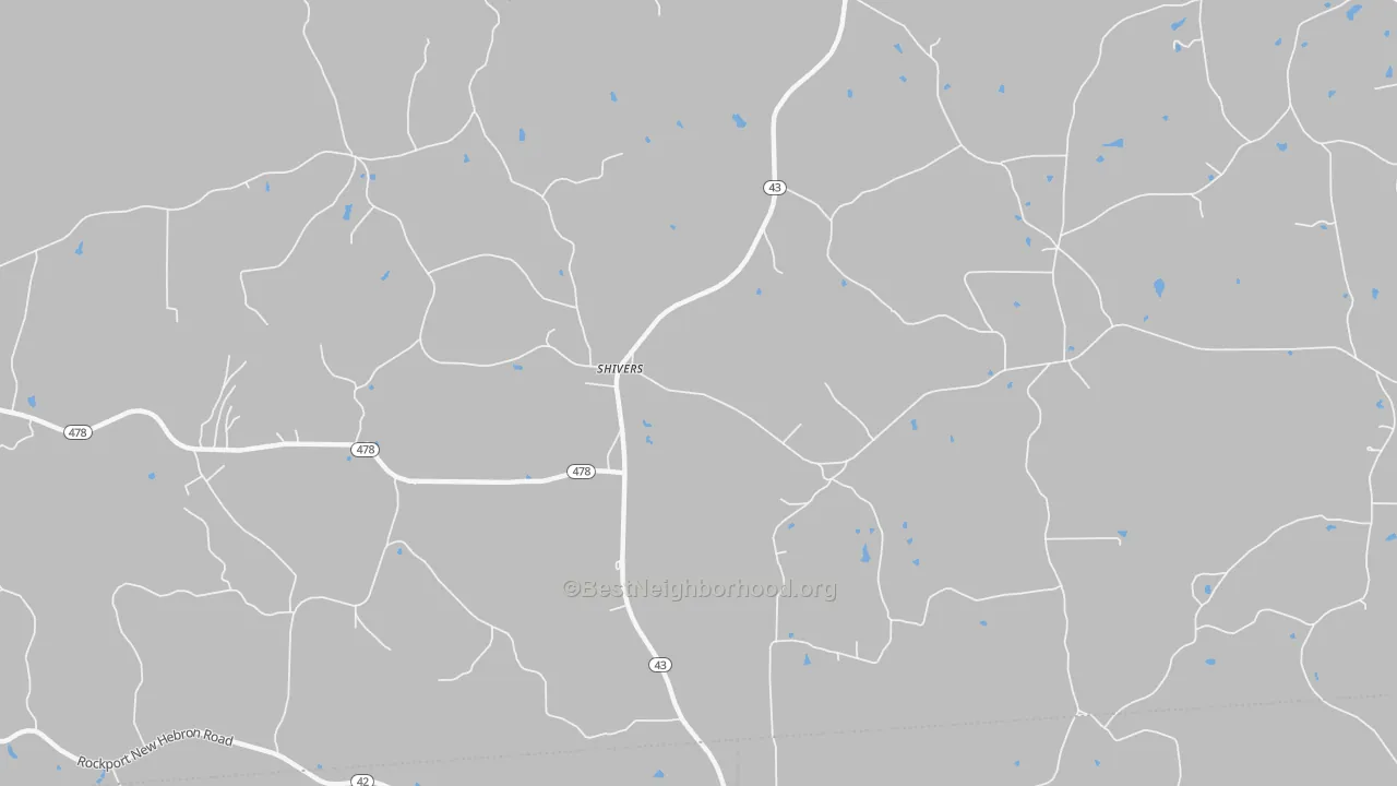 Walk Grade map of Shivers, MS, walkable areas in green and car-dependent areas in red