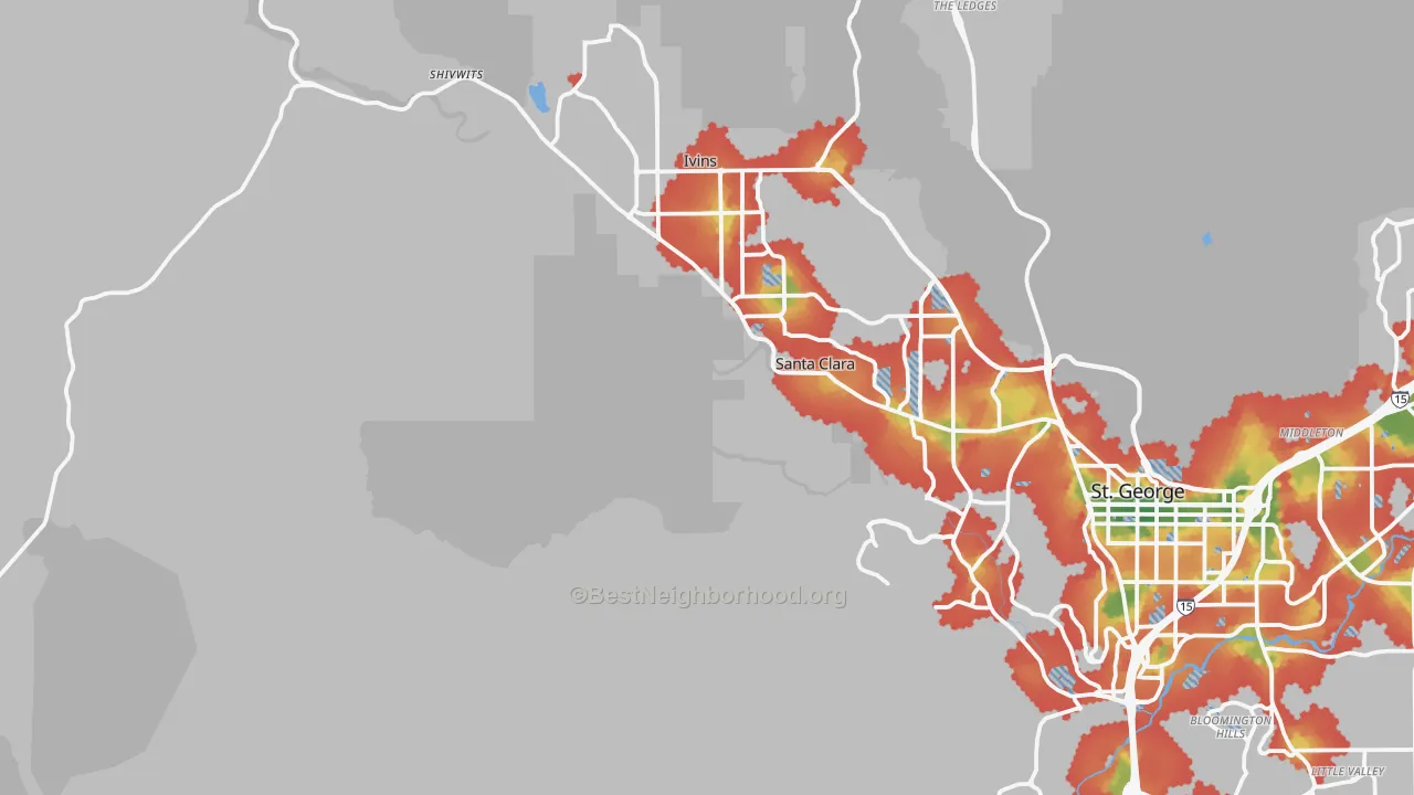 Walk Grade map of Shivwits, UT, walkable areas in green and car-dependent areas in red