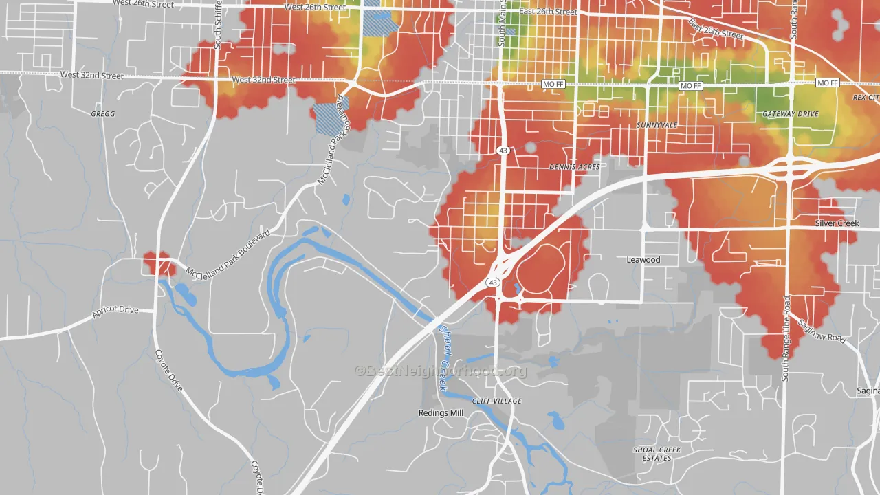 Walk Grade map of Shoal Creek Drive, MO, walkable areas in green and car-dependent areas in red