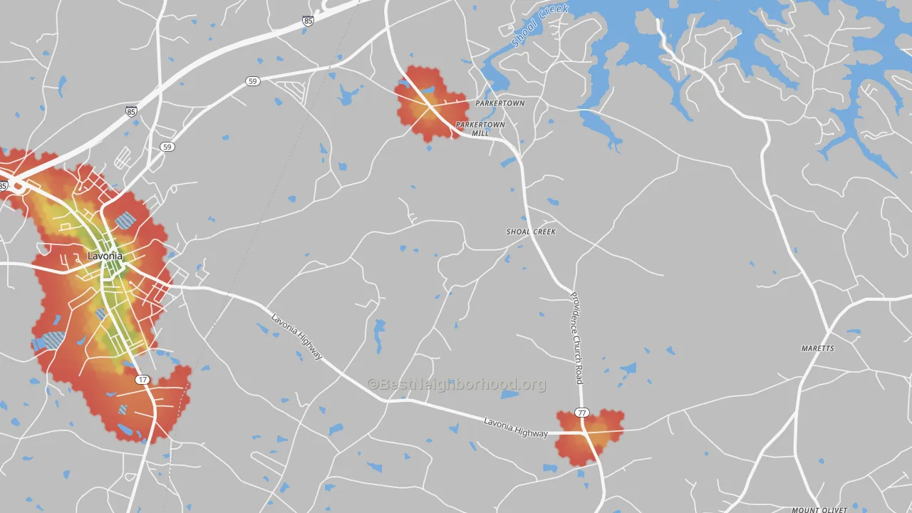 Walk Grade map of Shoal Creek, GA, walkable areas in green and car-dependent areas in red