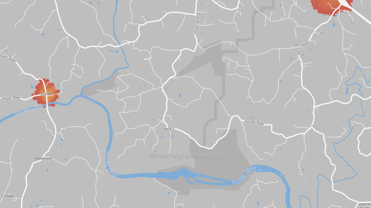 Walk Grade map of Shoal, NC, walkable areas in green and car-dependent areas in red