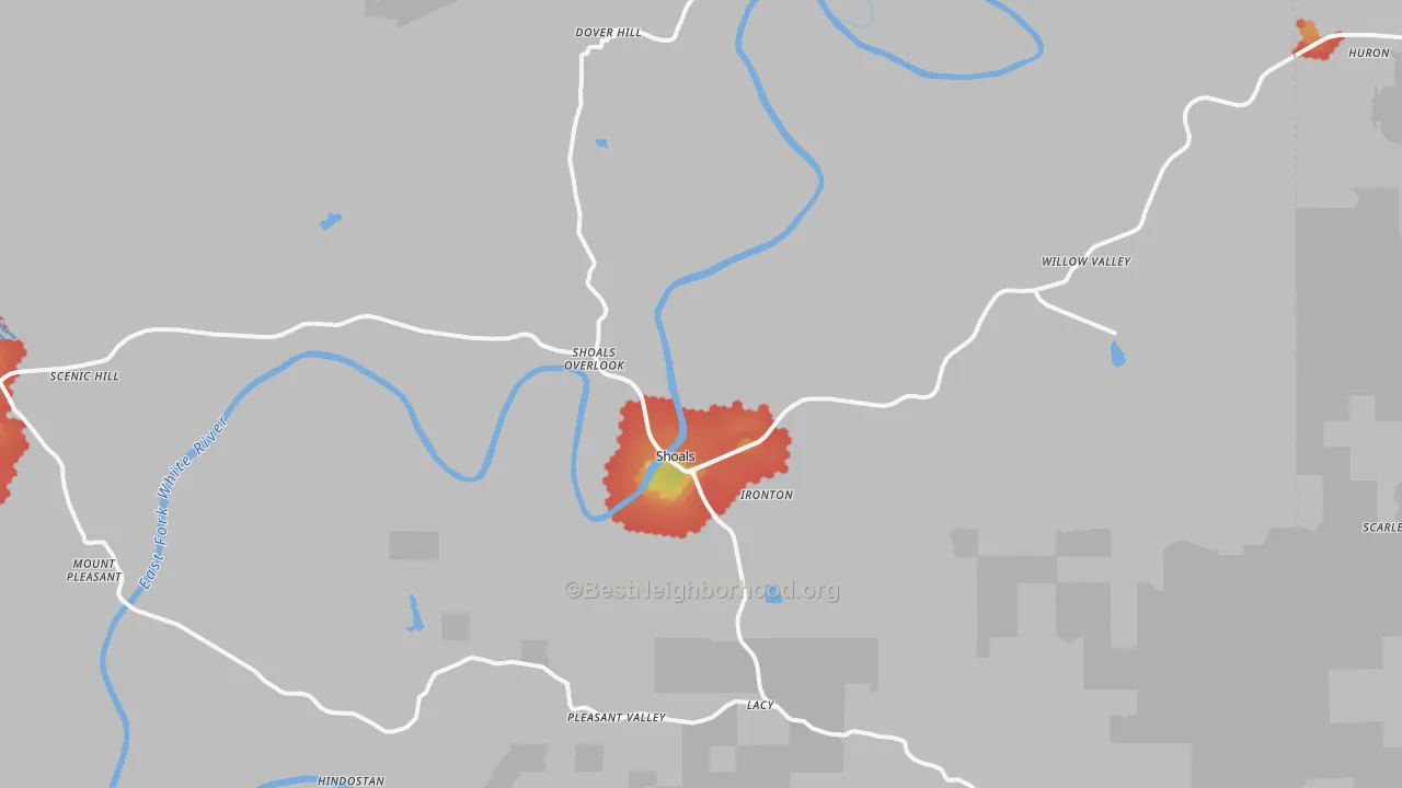 Walk Grade map of Shoals, IN, walkable areas in green and car-dependent areas in red