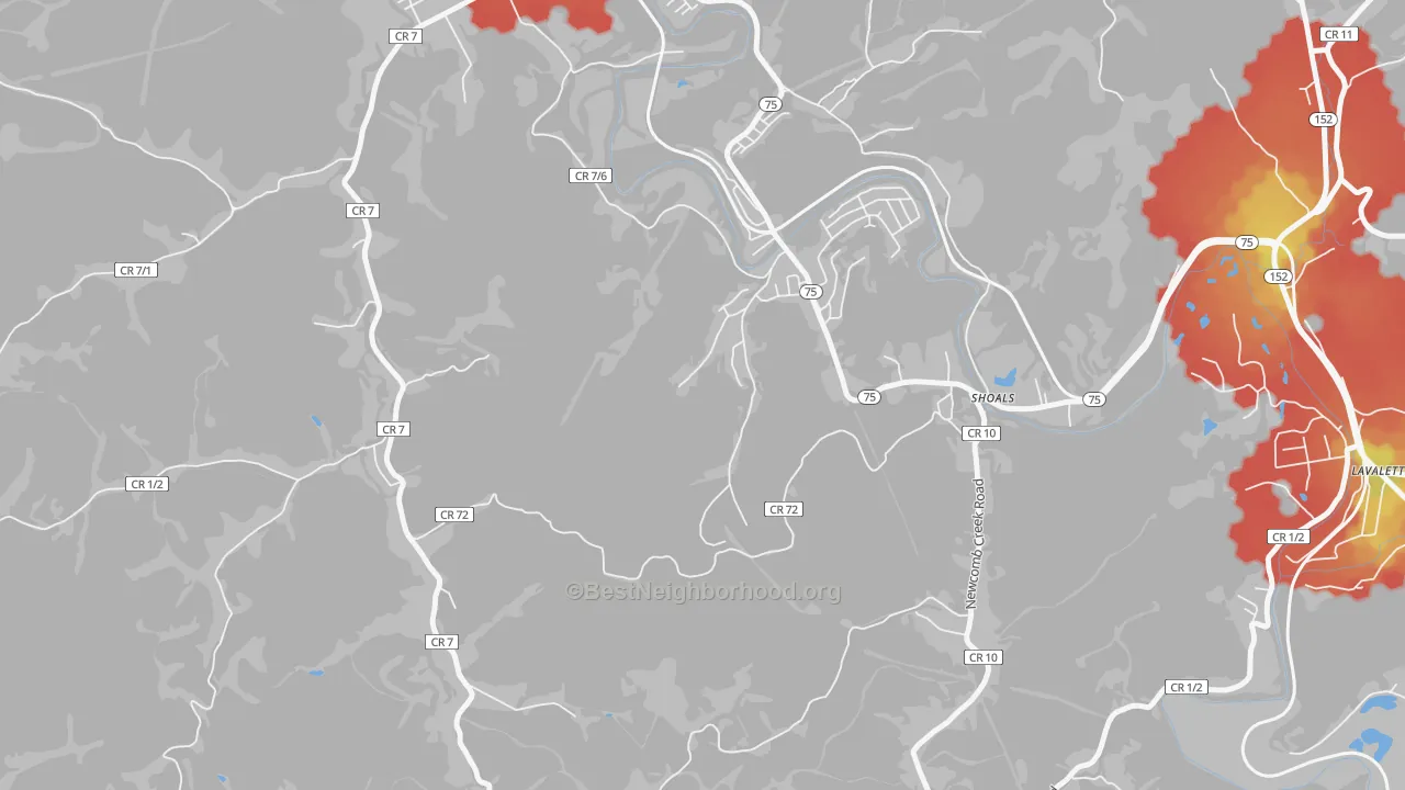 Walk Grade map of Shoals, WV, walkable areas in green and car-dependent areas in red