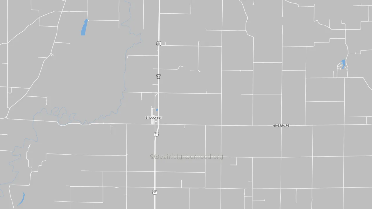 Walk Grade map of Shobonier, IL, walkable areas in green and car-dependent areas in red
