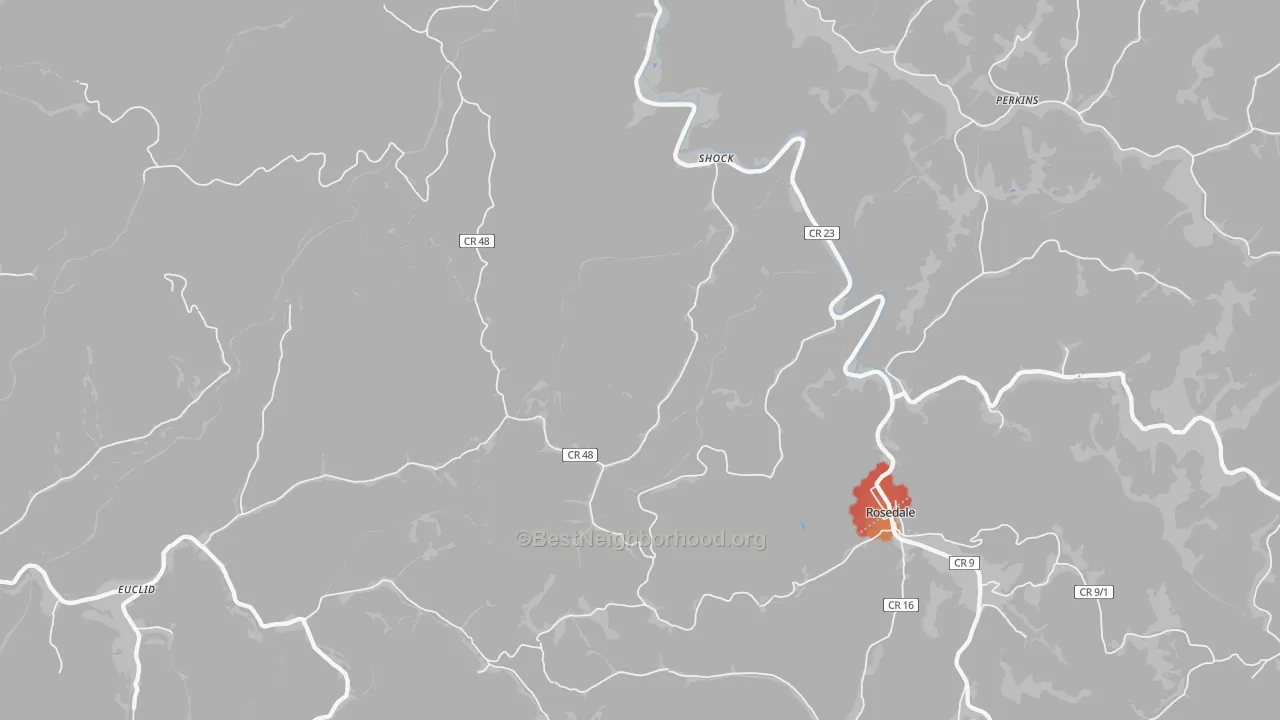 Walk Grade map of Shock, WV, walkable areas in green and car-dependent areas in red