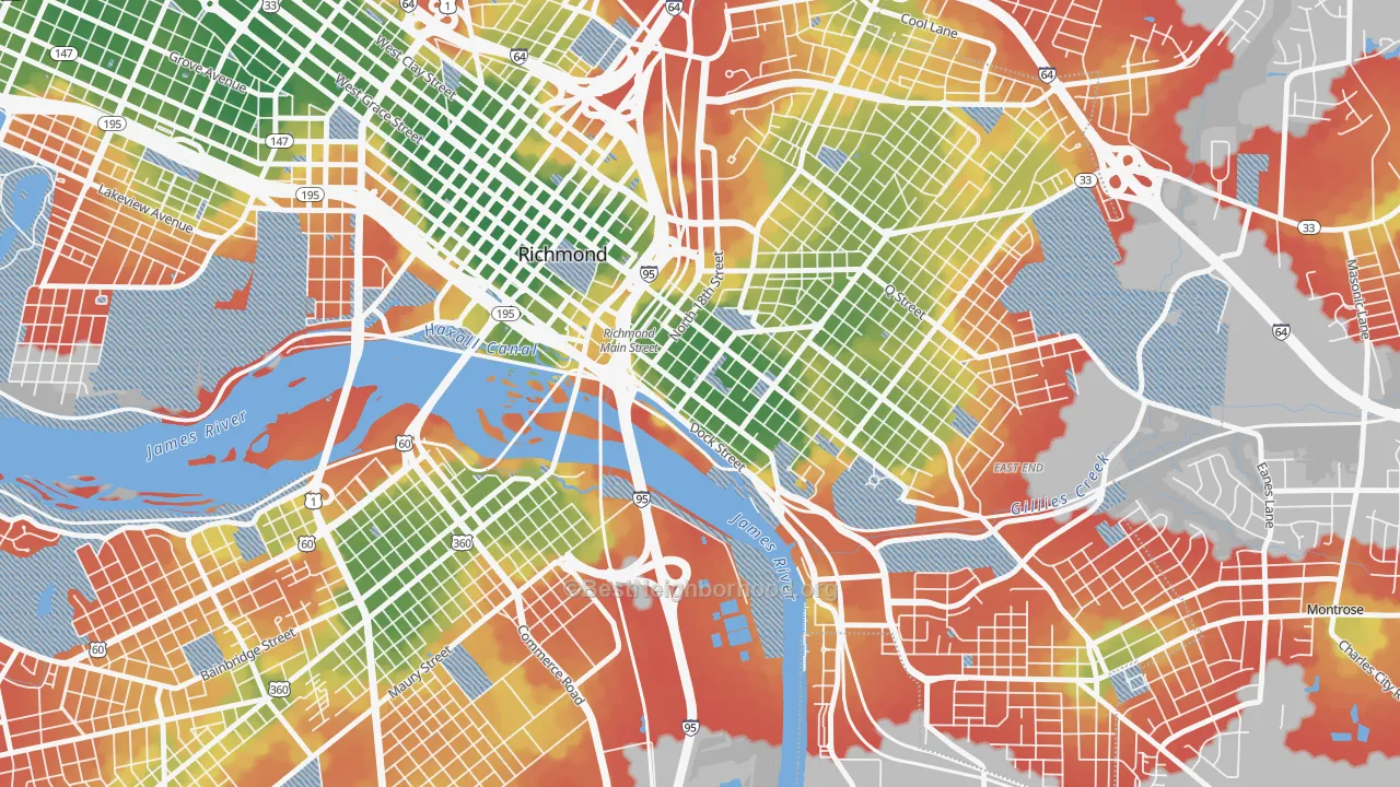 Walk Grade map of Shockoe Bottom, Richmond, VA, walkable areas in green and car-dependent areas in red