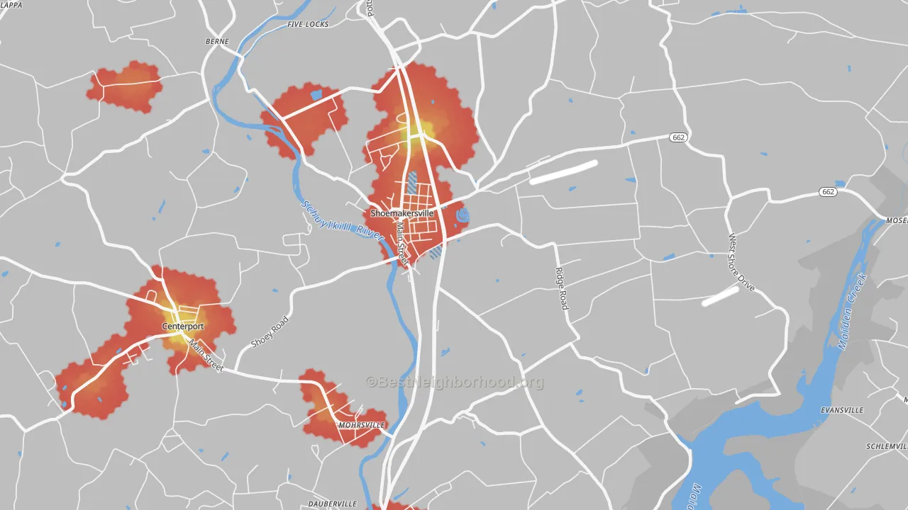 Walk Grade map of Shoemakersville, PA, walkable areas in green and car-dependent areas in red