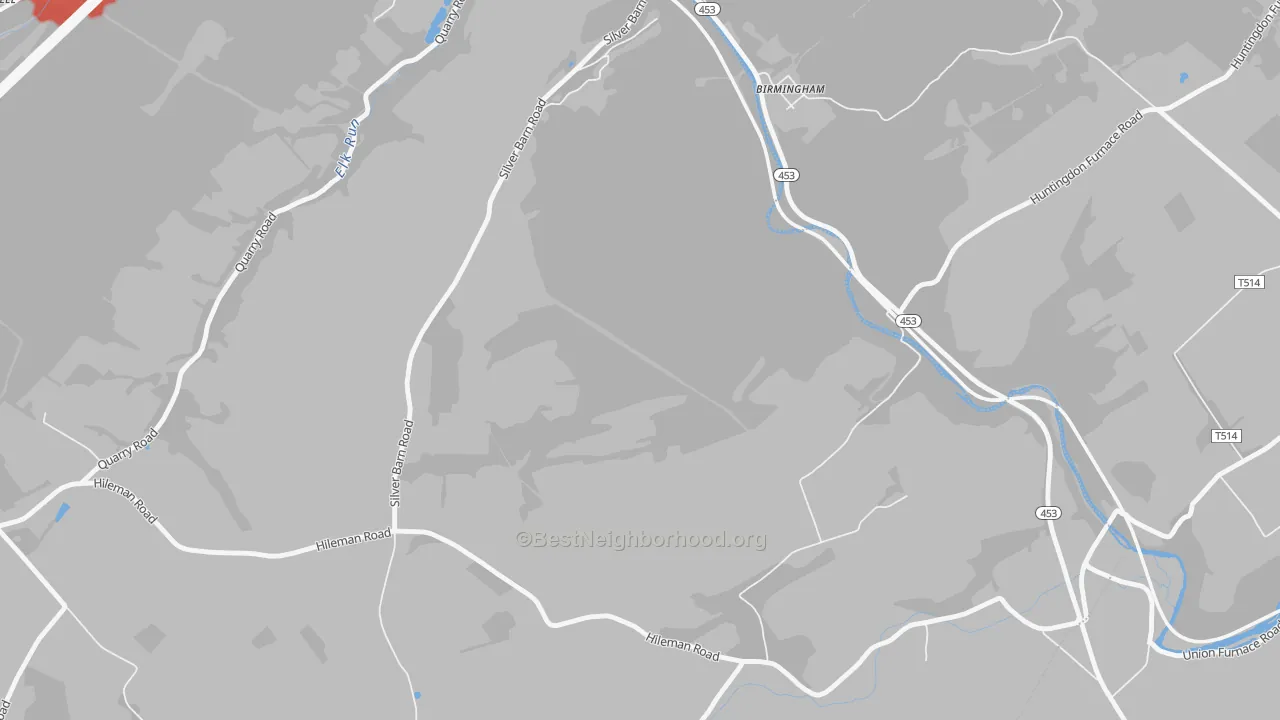 Walk Grade map of Shoenberger, PA, walkable areas in green and car-dependent areas in red