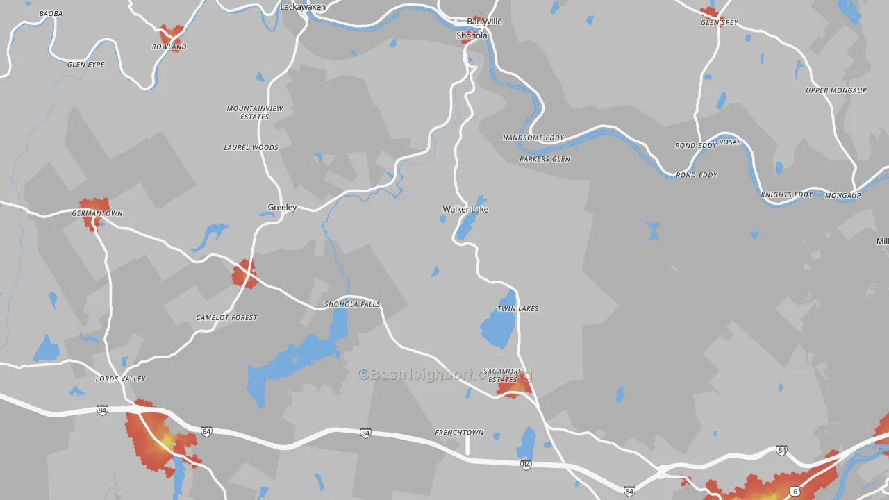 Walk Grade map of Shohola, PA, walkable areas in green and car-dependent areas in red