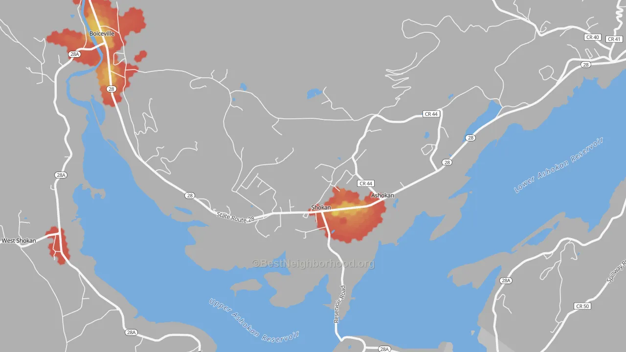 Walk Grade map of Shokan, NY, walkable areas in green and car-dependent areas in red
