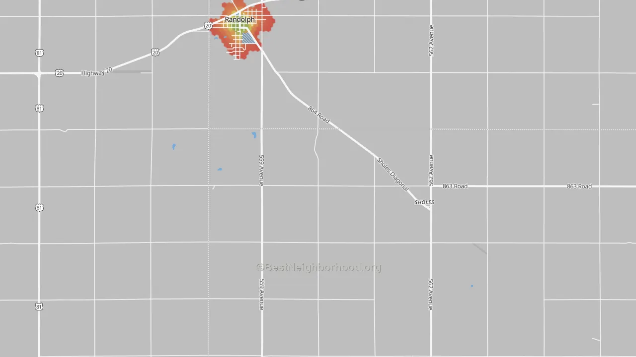 Walk Grade map of Sholes, NE, walkable areas in green and car-dependent areas in red