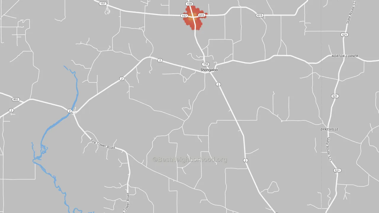 Walk Grade map of Shongaloo, LA, walkable areas in green and car-dependent areas in red