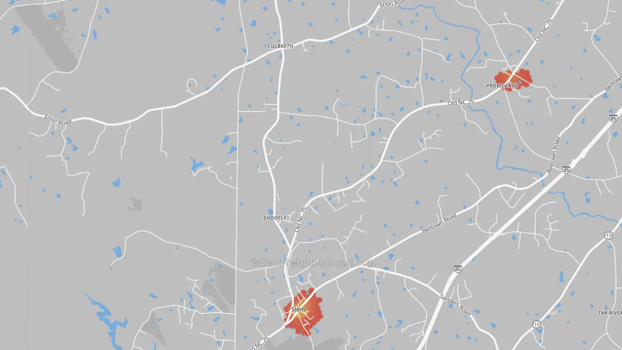 Walk Grade map of Shoofly, NC, walkable areas in green and car-dependent areas in red
