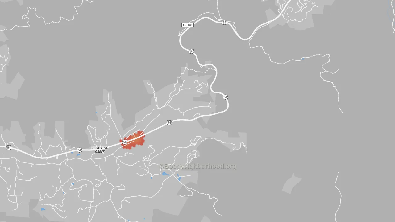 Walk Grade map of Shooting Creek, NC, walkable areas in green and car-dependent areas in red