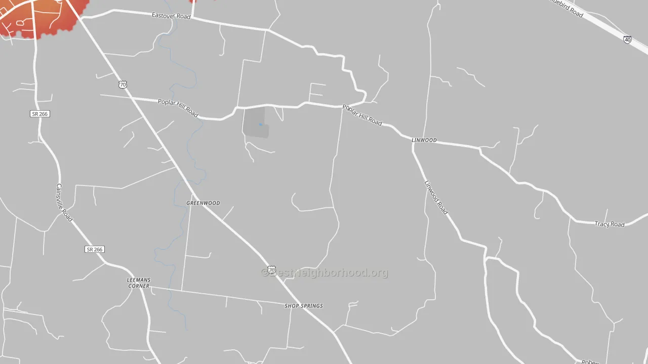 Walk Grade map of Shop Springs, TN, walkable areas in green and car-dependent areas in red