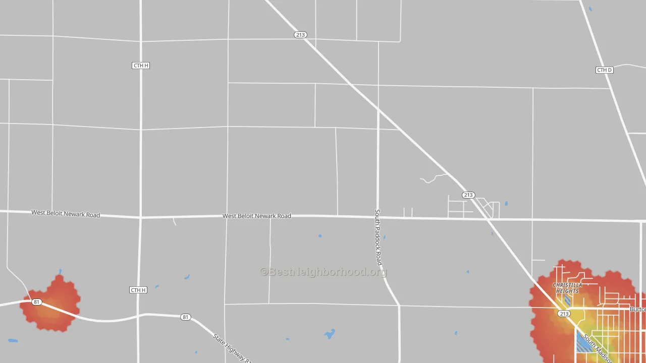 Walk Grade map of Shopiere, WI, walkable areas in green and car-dependent areas in red