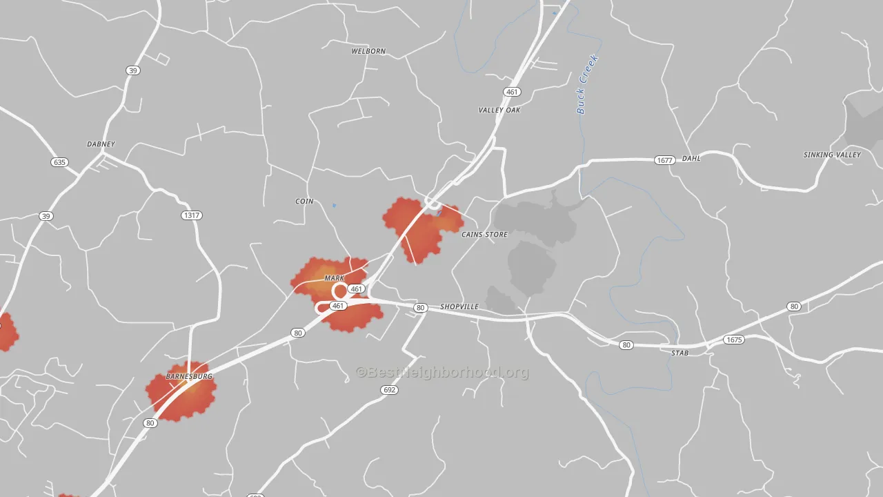 Walk Grade map of Shopville, KY, walkable areas in green and car-dependent areas in red