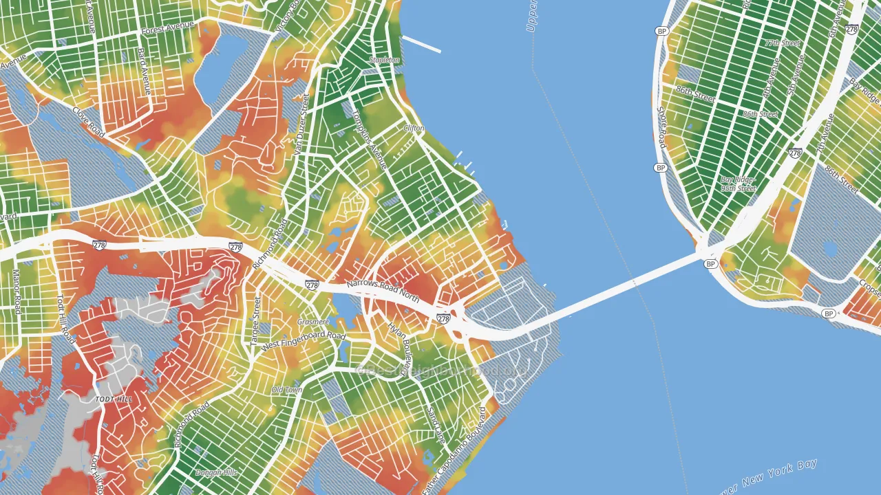 Walk Grade map of Shore Acres, Staten Island, NY, walkable areas in green and car-dependent areas in red