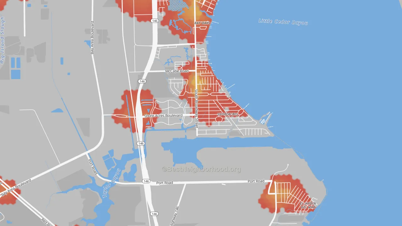 Walk Grade map of Shoreacres, TX, walkable areas in green and car-dependent areas in red