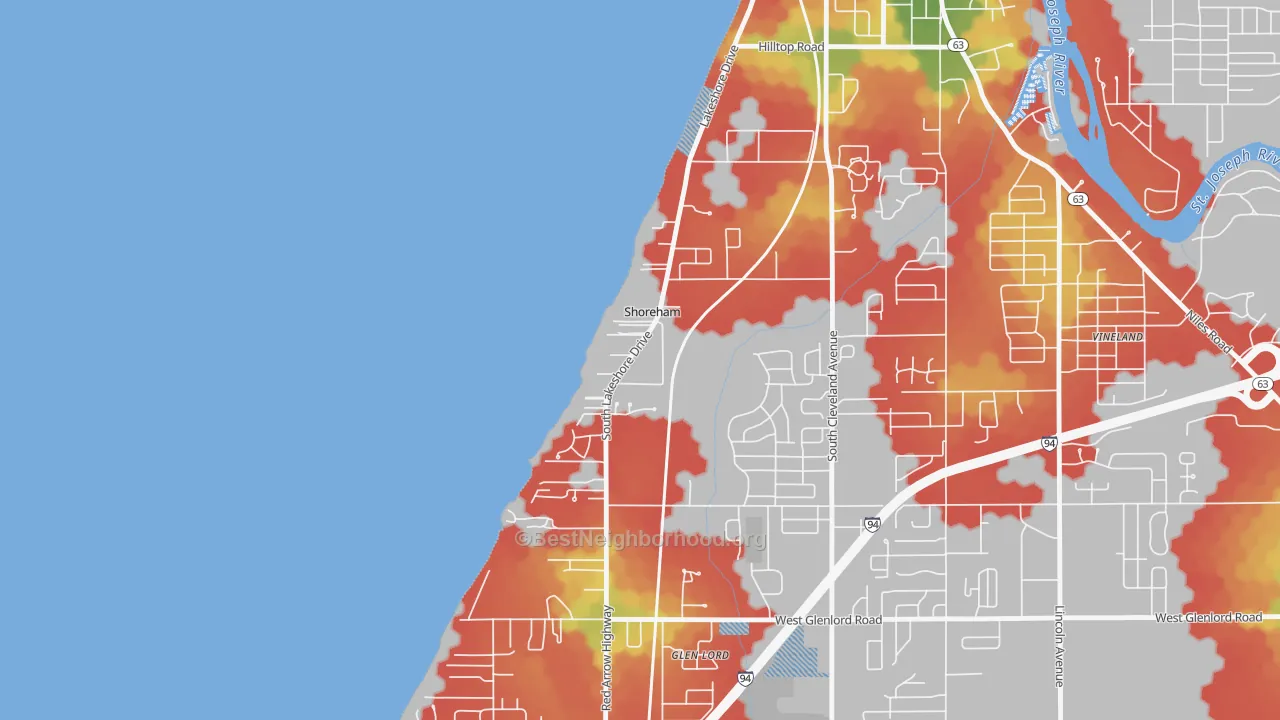 Walk Grade map of Shoreham, MI, walkable areas in green and car-dependent areas in red