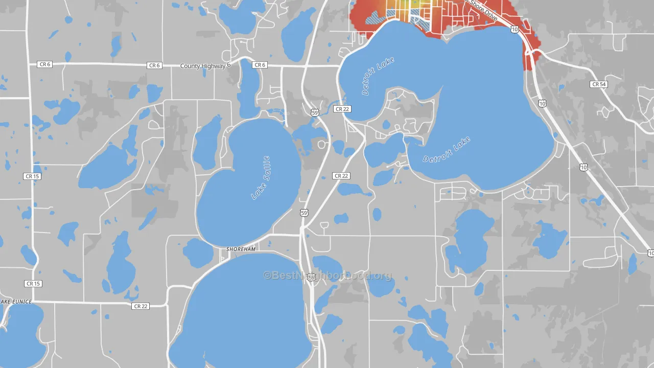 Walk Grade map of Shoreham, MN, walkable areas in green and car-dependent areas in red