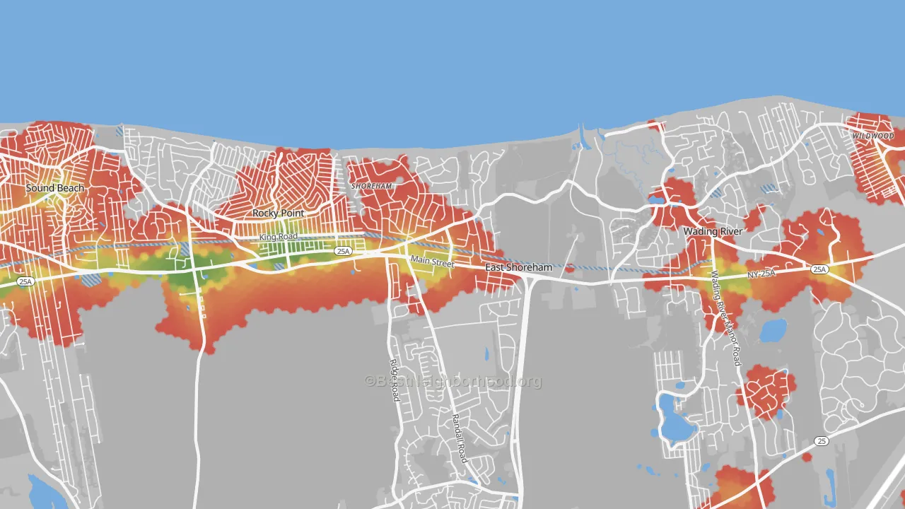 Walk Grade map of Shoreham, NY, walkable areas in green and car-dependent areas in red