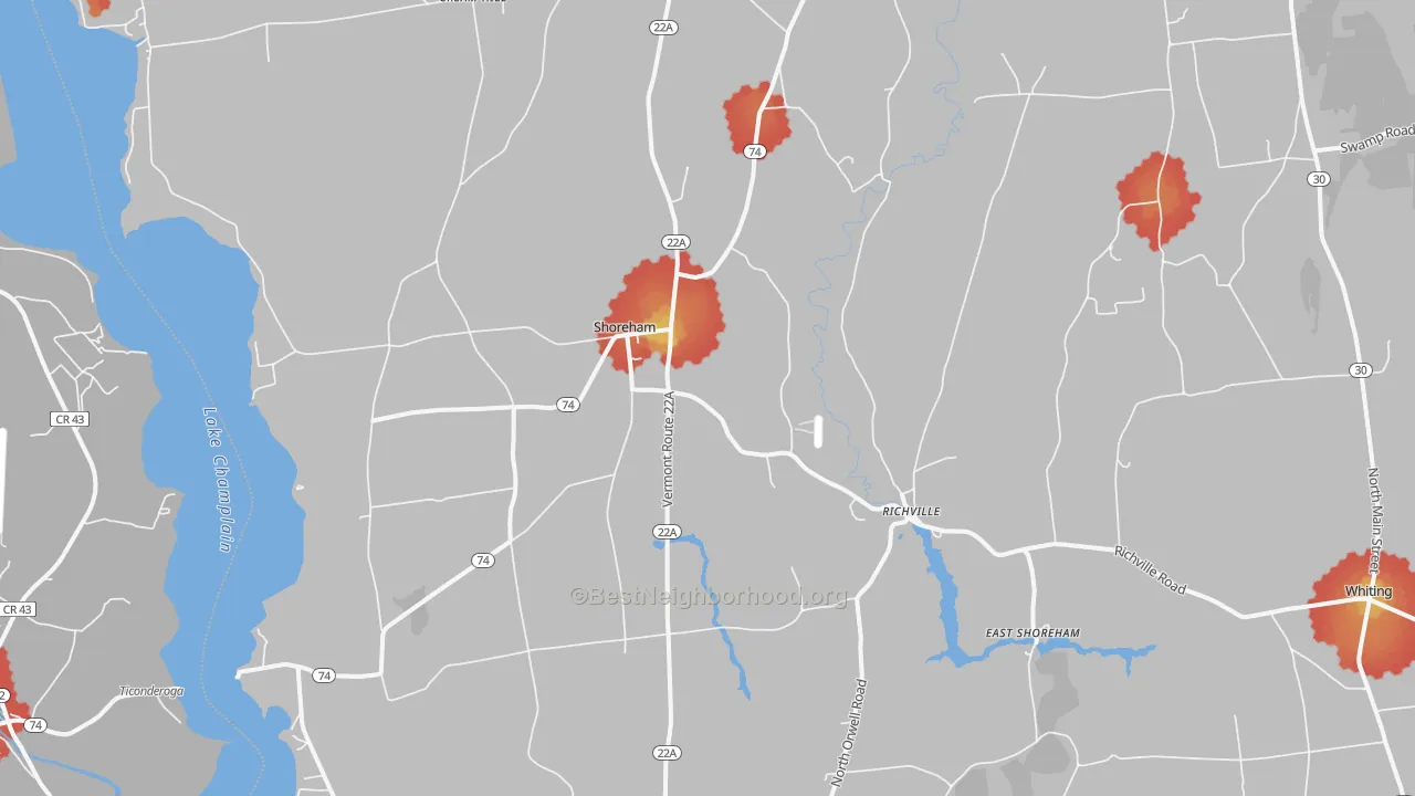 Walk Grade map of Shoreham, VT, walkable areas in green and car-dependent areas in red