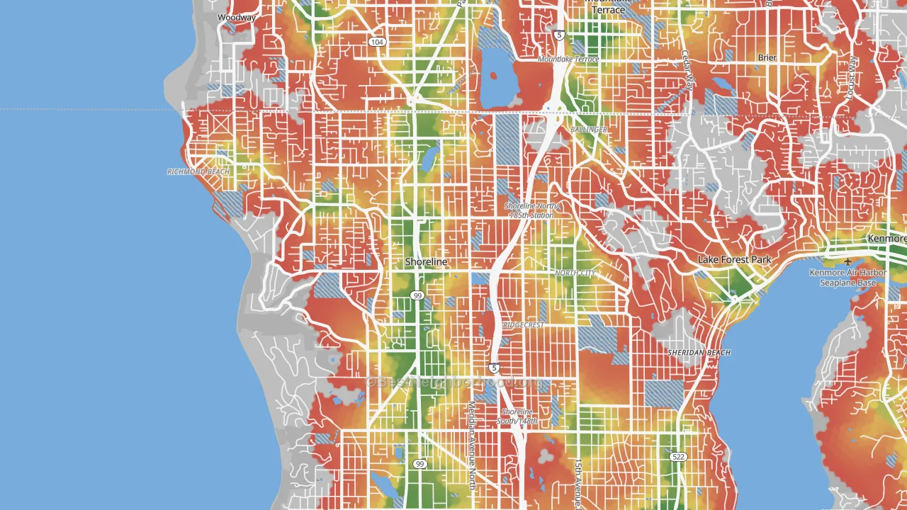 Walk Grade map of Shoreline, WA, walkable areas in green and car-dependent areas in red
