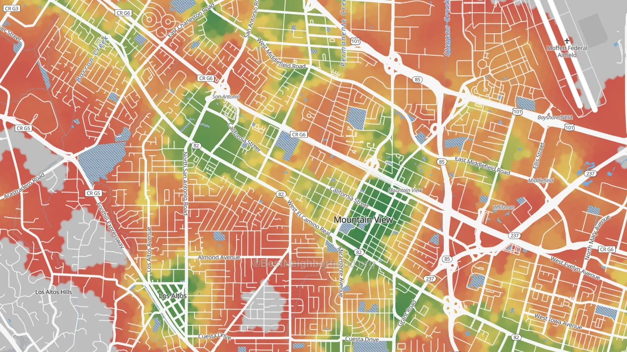Walk Grade map of Shoreline West, Mountain View, CA, walkable areas in green and car-dependent areas in red