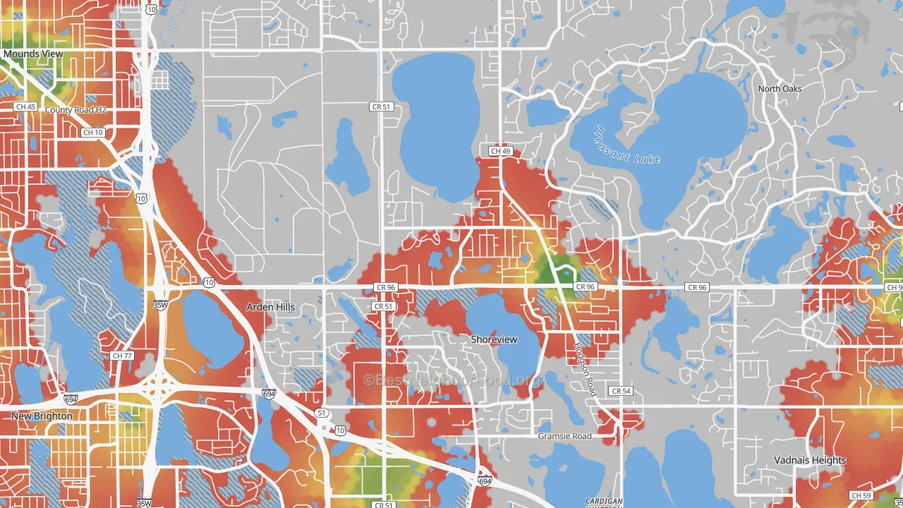 Walk Grade map of Shoreview, MN, walkable areas in green and car-dependent areas in red