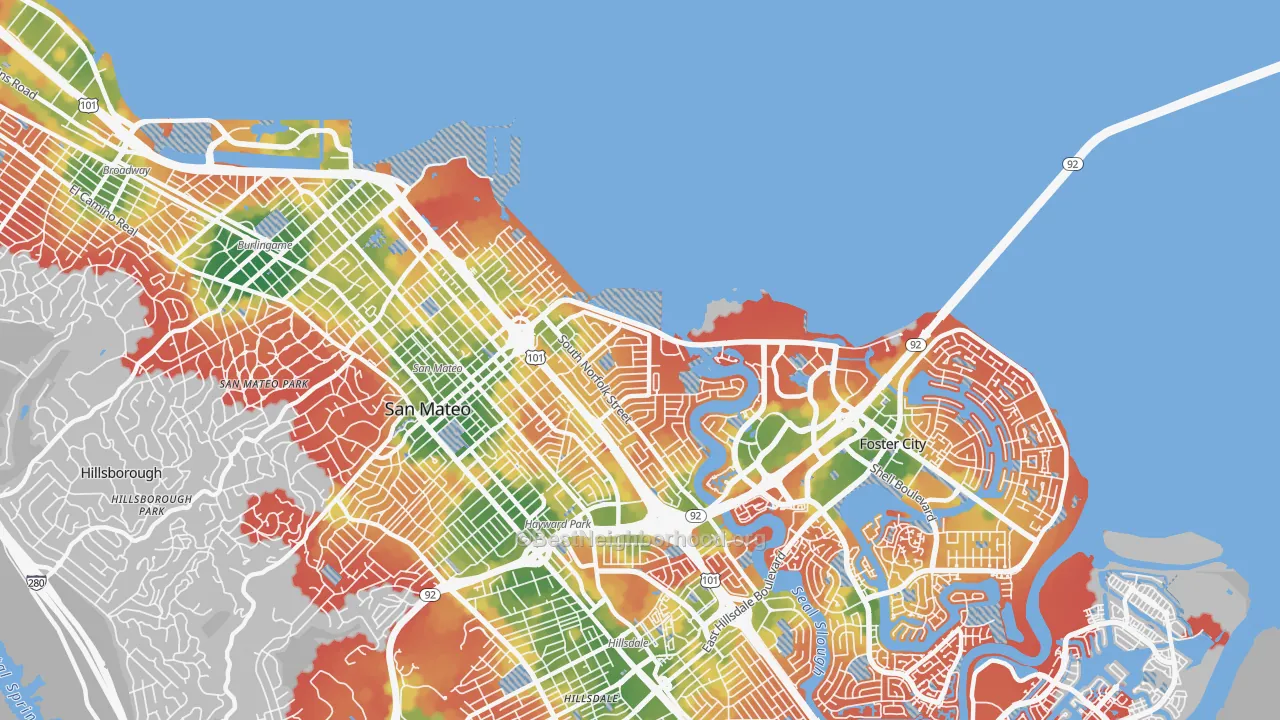 Walk Grade map of Shoreview, San Mateo, CA, walkable areas in green and car-dependent areas in red