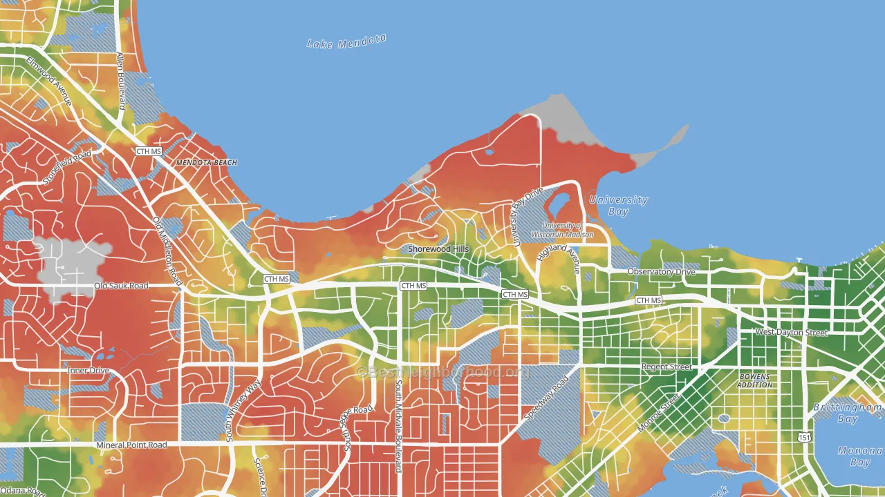 Walk Grade map of Shorewood Hills, WI, walkable areas in green and car-dependent areas in red