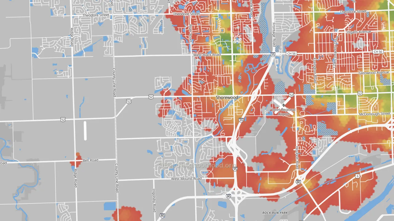 Walk Grade map of Shorewood, IL, walkable areas in green and car-dependent areas in red
