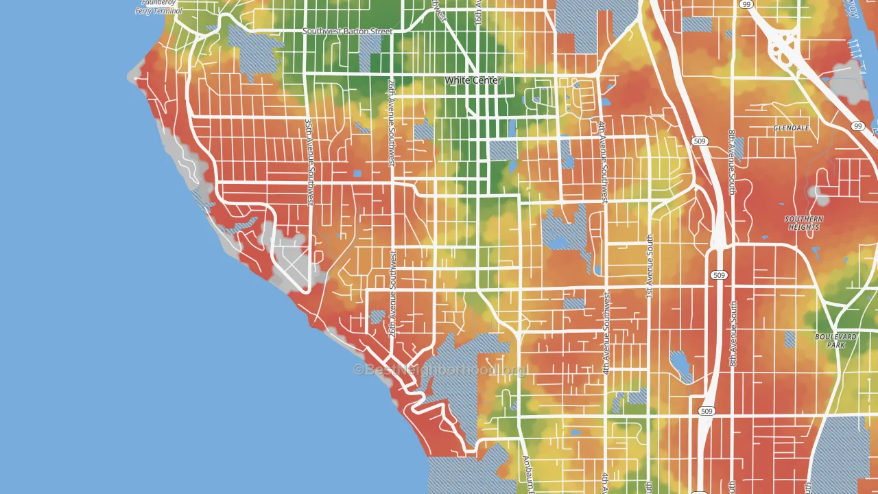 Walk Grade map of Shorewood, Seattle, WA, walkable areas in green and car-dependent areas in red