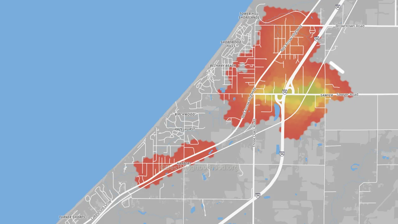 Walk Grade map of Shorewood-Tower Hills-Harbert, MI, walkable areas in green and car-dependent areas in red