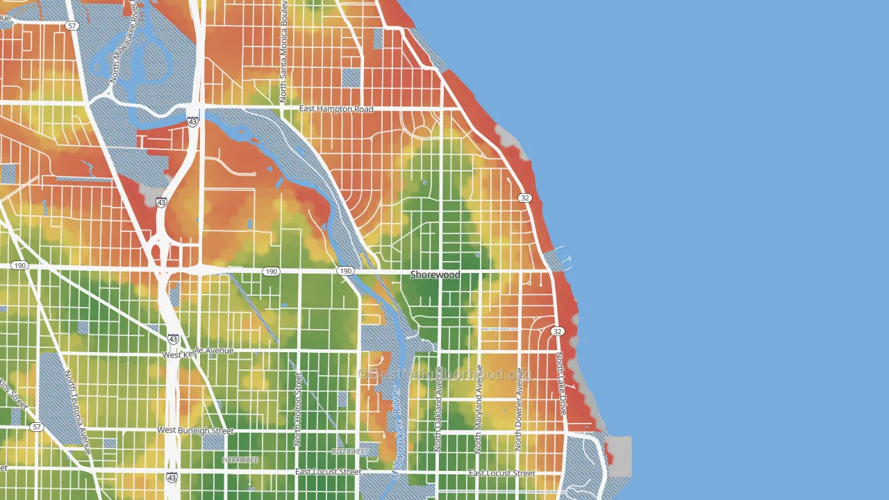 Walk Grade map of Shorewood, WI, walkable areas in green and car-dependent areas in red
