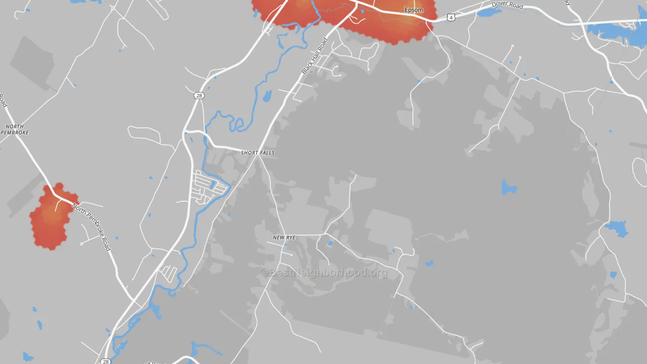 Walk Grade map of Short Falls, NH, walkable areas in green and car-dependent areas in red