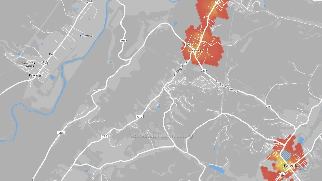 Walk Grade map of Short Gap, WV, walkable areas in green and car-dependent areas in red