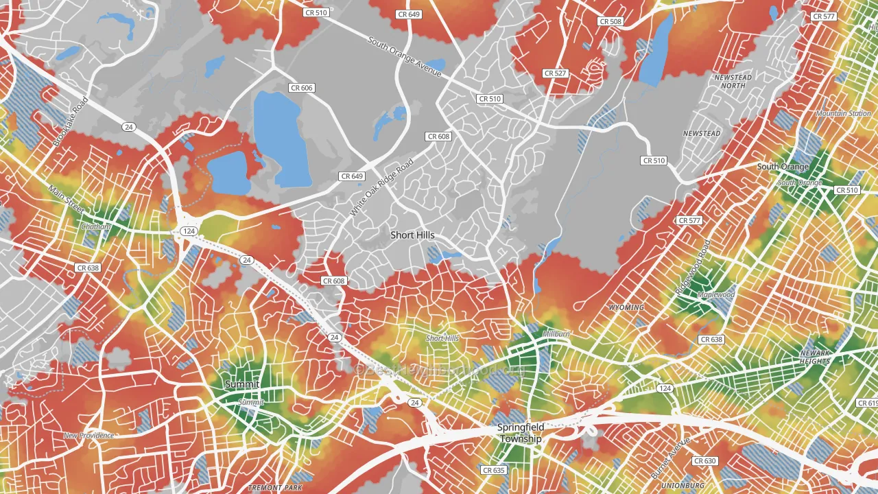 Walk Grade map of Short Hills, NJ, walkable areas in green and car-dependent areas in red