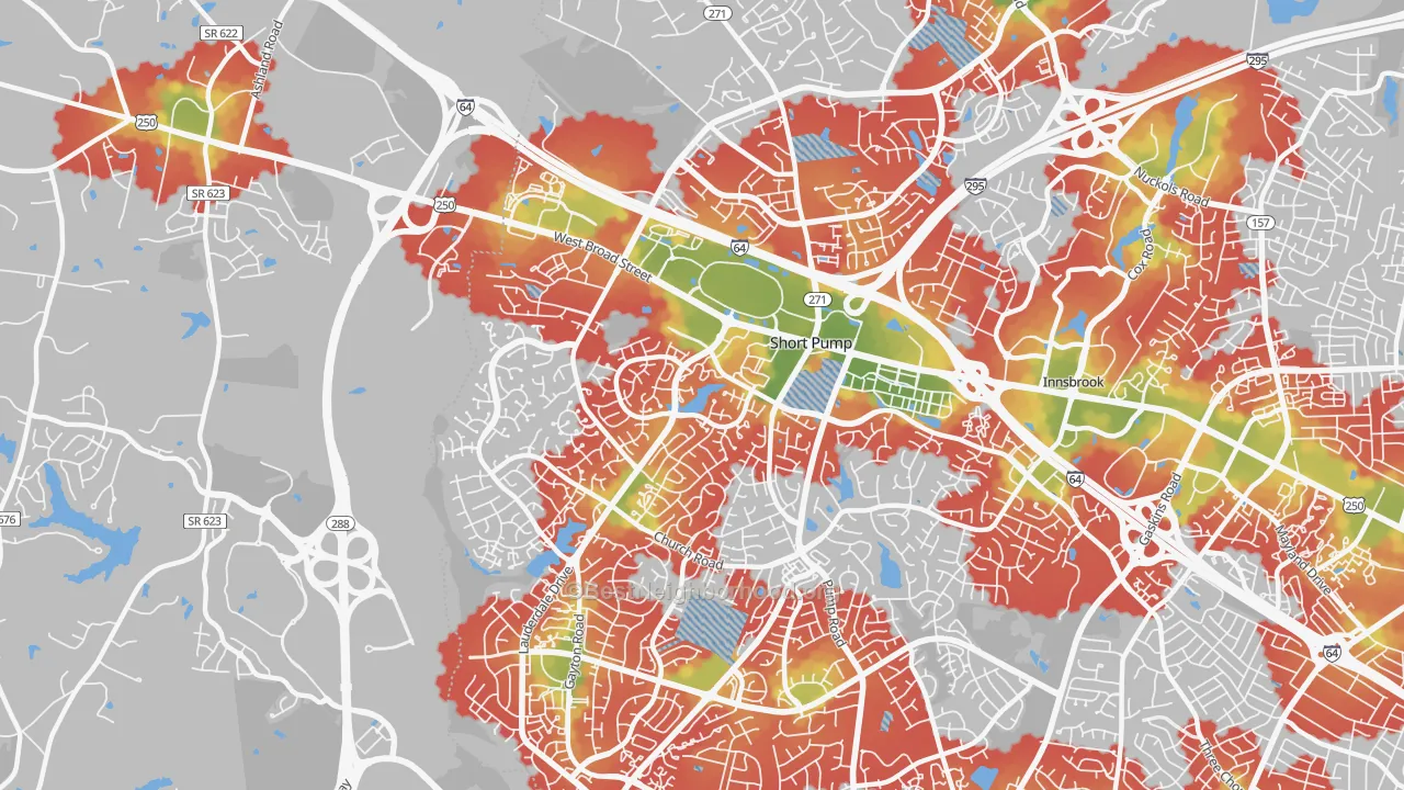 Walk Grade map of Short Pump, VA, walkable areas in green and car-dependent areas in red