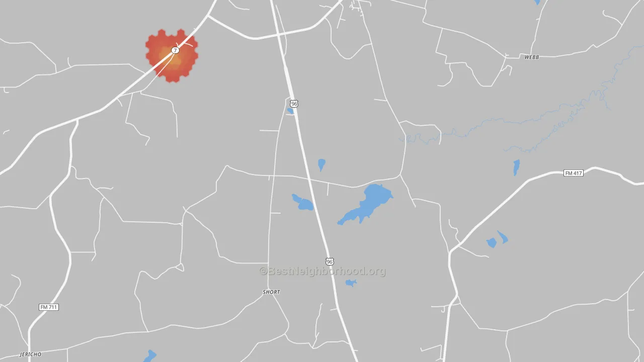 Walk Grade map of Short, TX, walkable areas in green and car-dependent areas in red