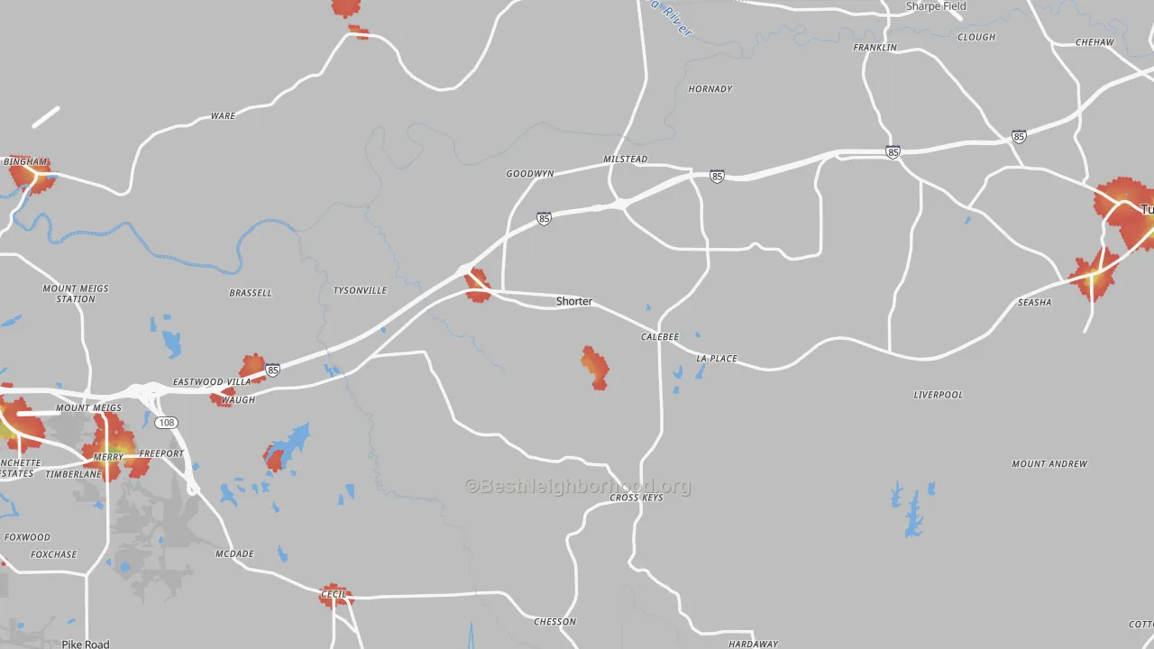 Walk Grade map of Shorter, AL, walkable areas in green and car-dependent areas in red