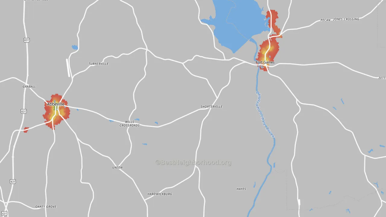 Walk Grade map of Shorterville, AL, walkable areas in green and car-dependent areas in red