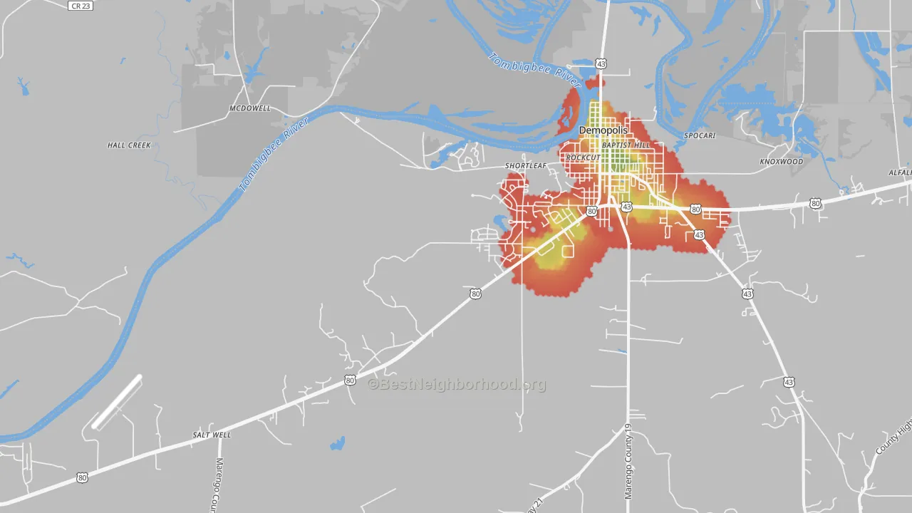 Walk Grade map of Shortleaf, AL, walkable areas in green and car-dependent areas in red