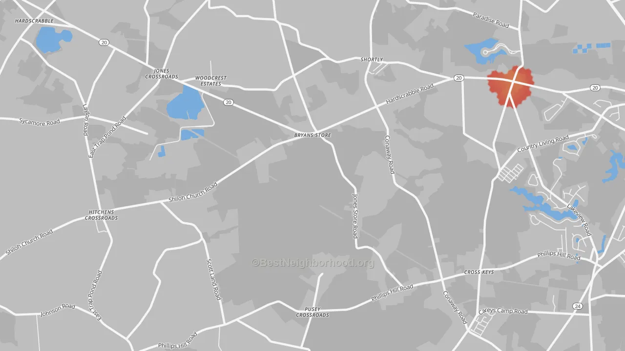 Walk Grade map of Shortly, DE, walkable areas in green and car-dependent areas in red