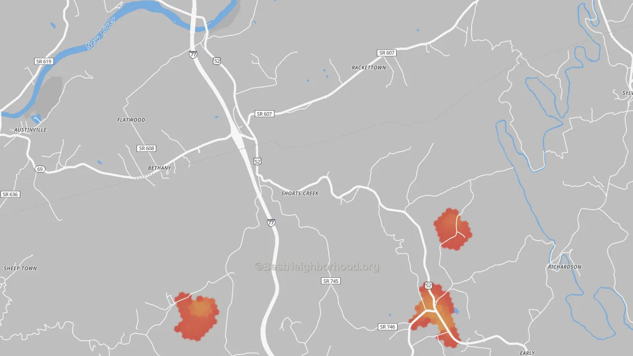 Walk Grade map of Shorts Creek, VA, walkable areas in green and car-dependent areas in red