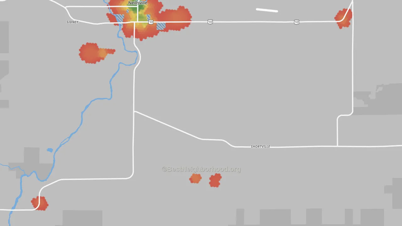 Walk Grade map of Shortville, WI, walkable areas in green and car-dependent areas in red