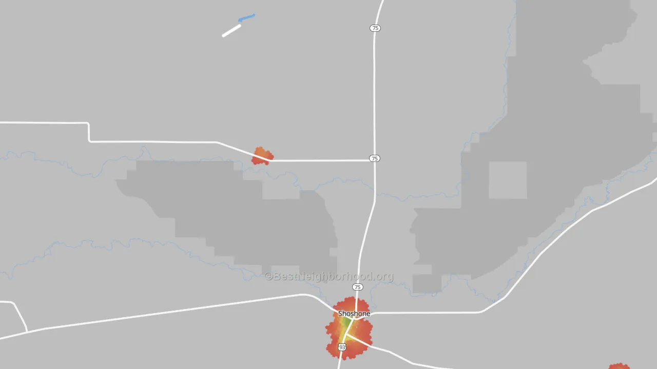 Walk Grade map of Shoshone, ID, walkable areas in green and car-dependent areas in red