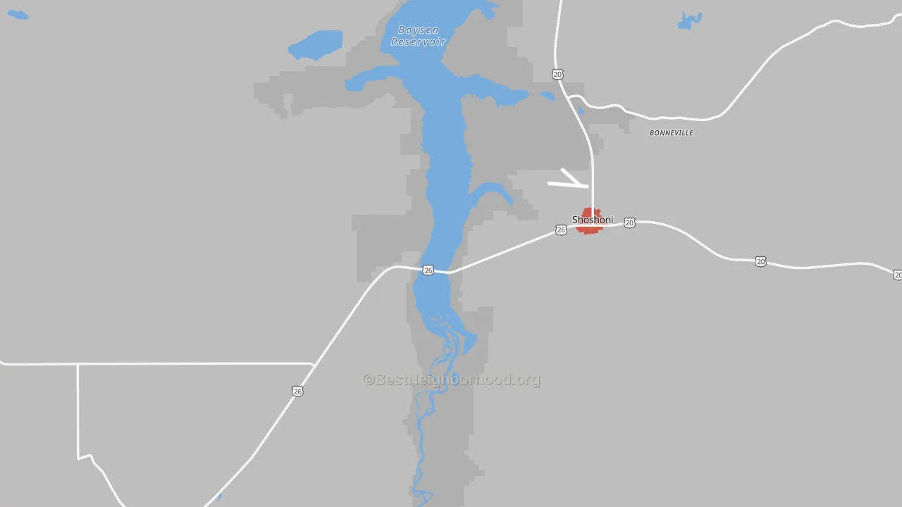 Walk Grade map of Shoshoni, WY, walkable areas in green and car-dependent areas in red