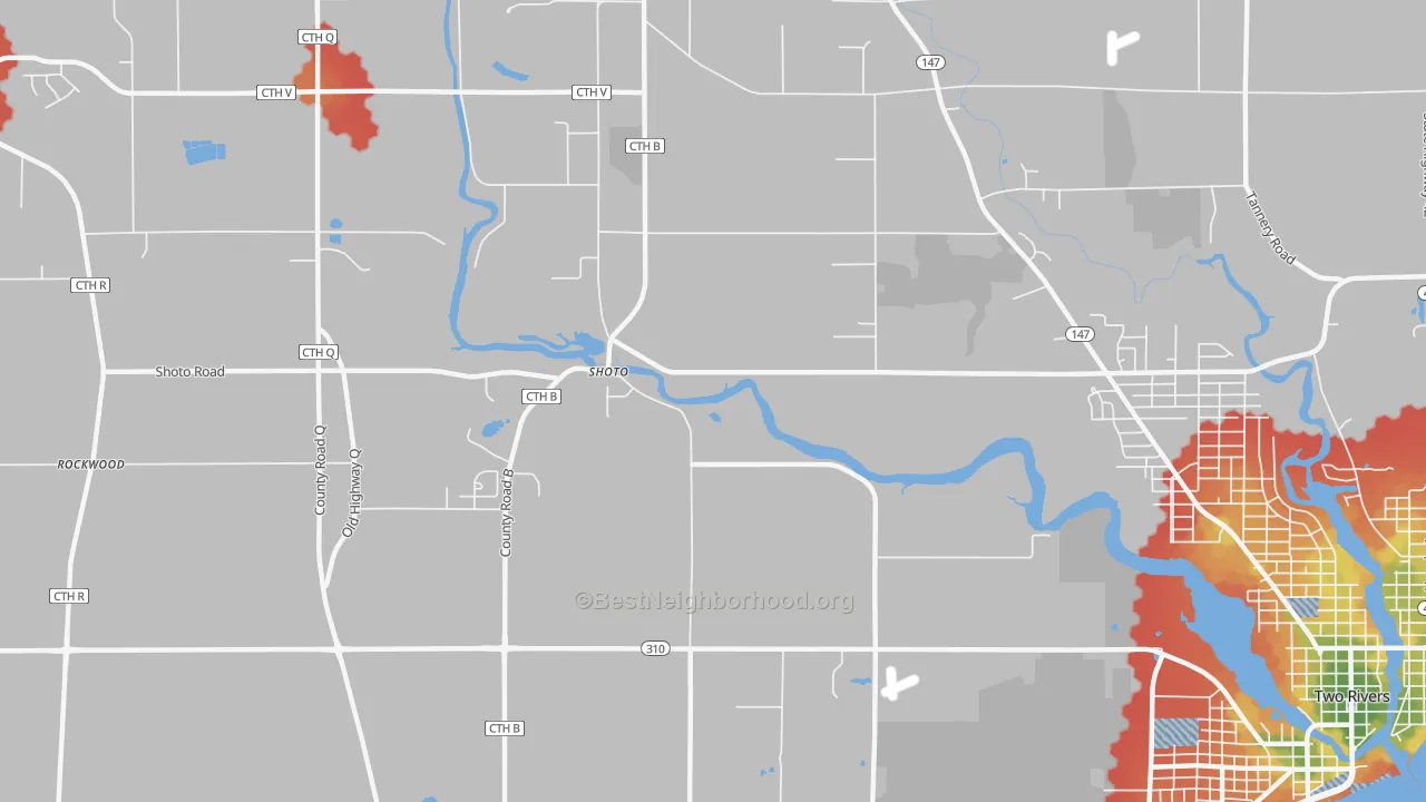 Walk Grade map of Shoto, WI, walkable areas in green and car-dependent areas in red